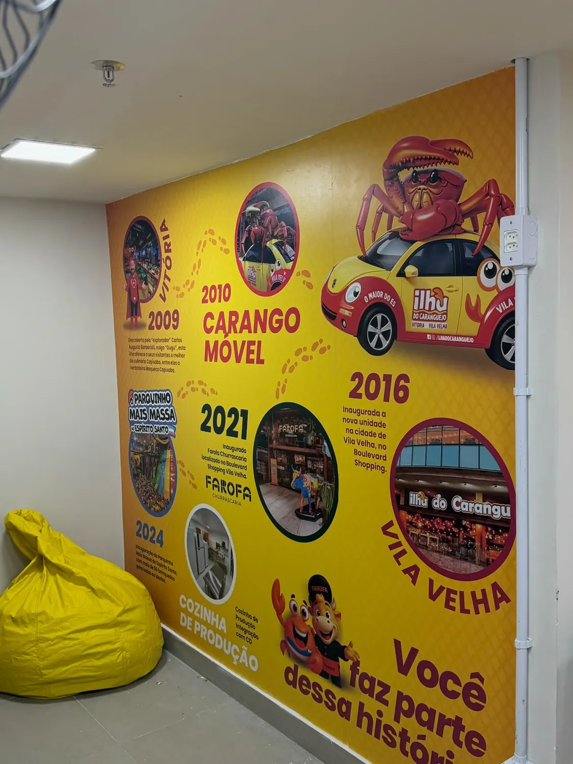 Parede amarela com a linha do tempo ilustrada da Ilha do Caranguejo